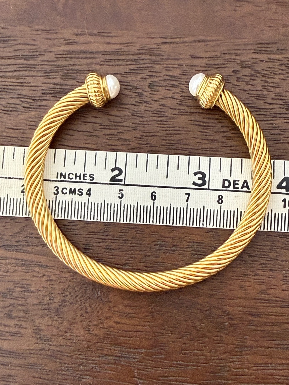 Gold-Tone Twisted Cable Cuff Bracelet with Pearl Endcaps - Picture 4 of 7